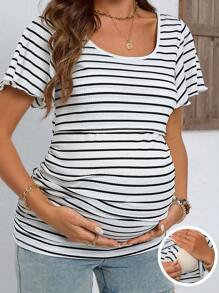 SHEIN Camiseta acanalada ajustada con volantes laterales para maternidad y lactancia, de verano