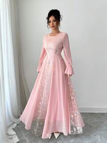 Modelyn Mesh Embroidered Patchwork Chiffon Flare Sleeve Dress For Women Fall Cloth For Women - Pink - View 1