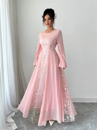 Modelyn Mesh Embroidered Patchwork Chiffon Flare Sleeve Dress For Women Fall Cloth For Women