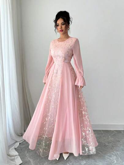 Modelyn Mesh Embroidered Patchwork Chiffon Flare Sleeve Dress For Women Fall Cloth For Women