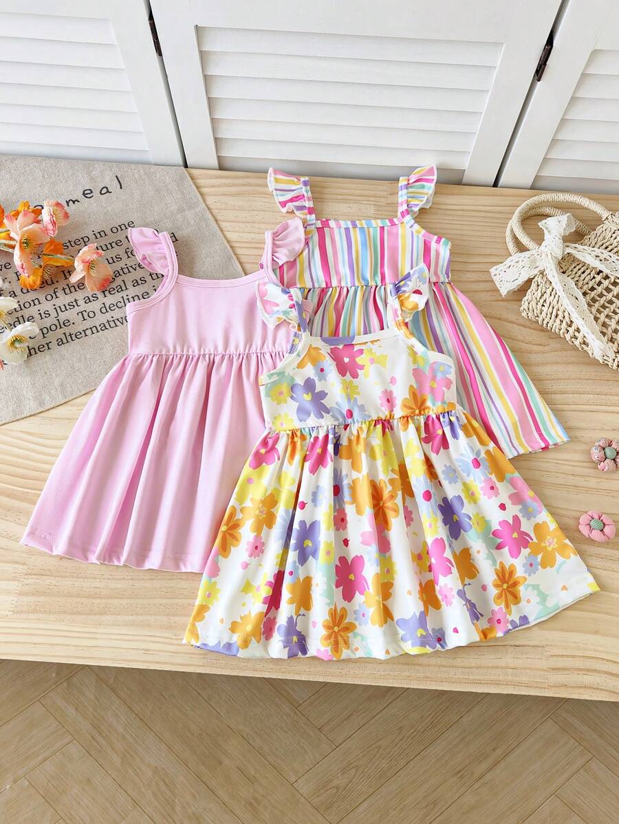 SHEIN Toddler Girl 3-Pack Ruffled Strap Dress Sets, Striped Matching Colorful Floral & Rose Print Dresses, Sweet & Lovely For Baby Girl To Wear In Summer, Vacation And Playtime