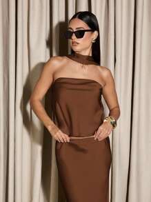 AiiRZ Strapless Bardot Top With Scarf & Maxi Skirt SET