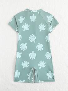 Young Boy Cartoon Turtle Print One-Piece Swimsuit, Summer Beach Vacation, Swimming Pool, Boys' Swimwear - Dark Green - View 2