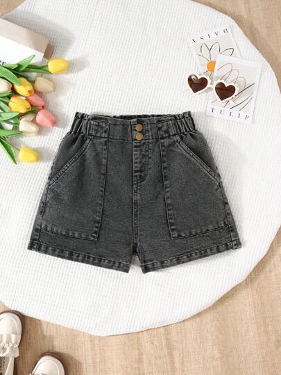Y2K Style Girls' Black Washed Casual Loose Ruffle Waistband Denim Shorts, Decorative Button Design, Simple & Fashionable For Everyday Wear