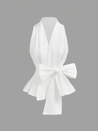 SHEIN MOD Blusa casual de mujer con cuello en V y decoración de lazo