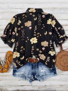 EMERY ROSE Elegant Floral Print Loose Fit Short Sleeve Open Front Shirt, Suitable For Commuting - Black - View 2
