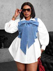 SHEIN SXY 大码女式无袖牛仔夹克，带蝴蝶结装饰，浅蓝色夏季短款牛仔背心 - 淺色水洗藍 - 查看 4