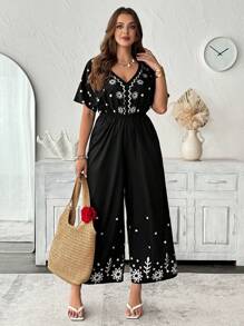 Flirla New Fashion Deep V-Neck Printed Black Waisted Long Sleeve Jumpsuits - Black - View 1