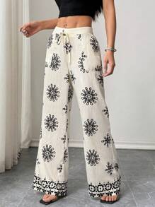 Chiquease Women's Flower Print Belted Loose Wide Leg Casual Pants Fall Cloth For Women