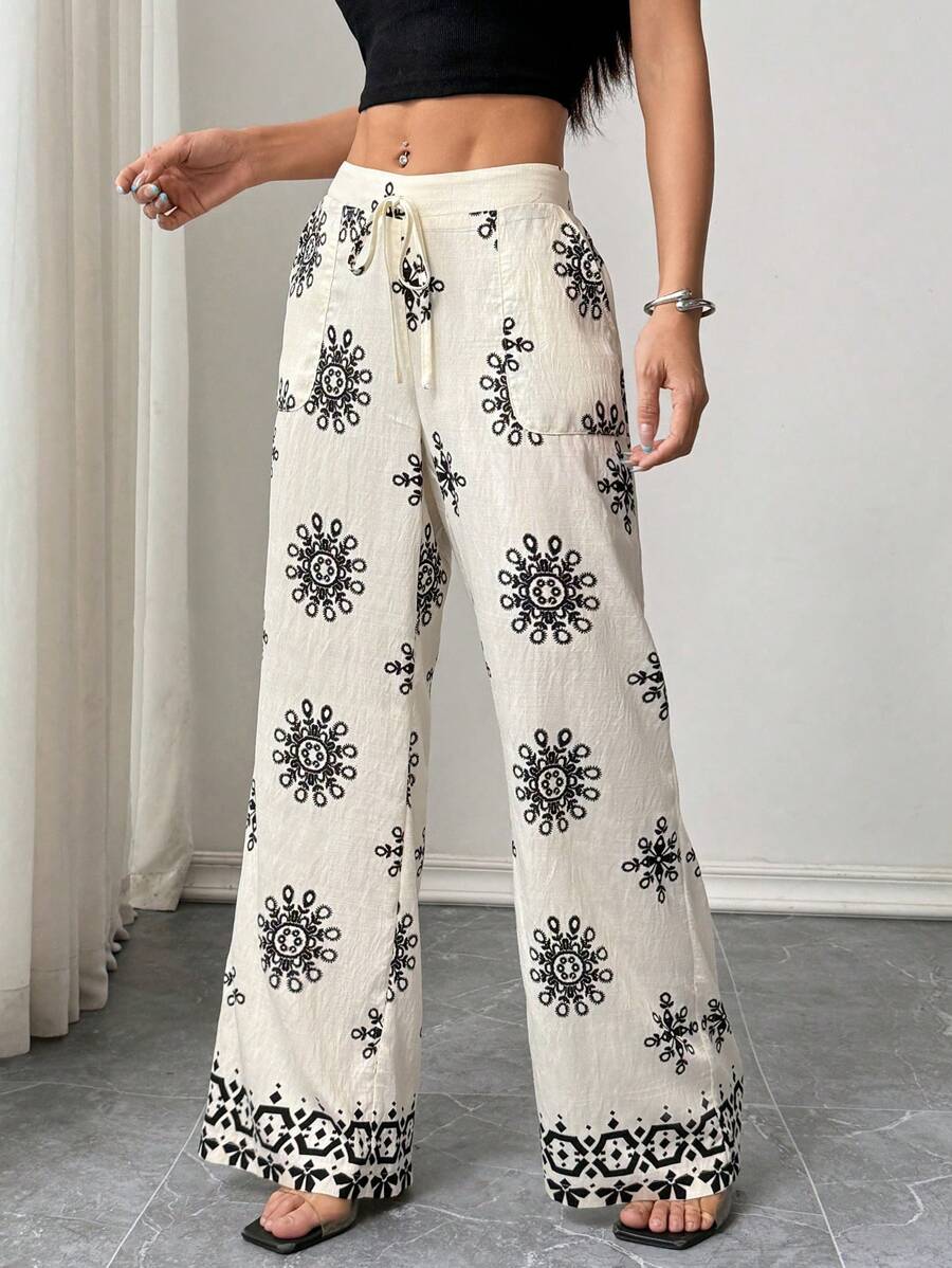 Chiquease Women's Flower Print Belted Loose Wide Leg Casual Pants Fall Cloth For Women
