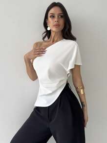 Firerie 女士春夏休闲优雅办公及婚礼宾客着装，不对称下摆纹理单肩收腰上衣，毕业典礼、教师节、返校季等场合皆宜。 - 白色 - 查看 7