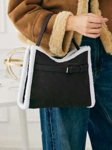 SHECARRY Tas Tote Wanita Kasual Motif Blok Warna dengan Kompartemen Resleting - Hitam - View 5