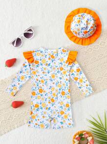 Newborn Cute Fruit Print Rash Guard Swimsuit With Hat - Yellow - View 2