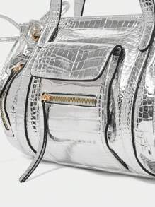 SHECARRY Women's Fashion Personalized Y2K Motorcycle Style Zipper Decor Handbag - Bright silver - View 9