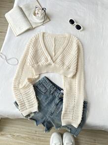 SHEIN Unity V领纯色长袖短款时尚毛衣，女士针织套头衫，秋冬款 - 杏色 - 查看 4