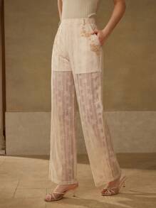 MOTF PREMIUM LACE FLORAL PATCHED SUIT PANTS - Apricot - View 7