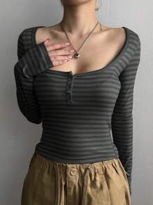 DAZY 女式休闲条纹修身长袖T恤，秋季，女式短款上衣 - 墨綠色 - 查看 4