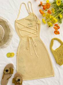 SHEIN Privé 女式度假休闲3D花卉装饰露背吊带针织连衣裙 - 黃色 - 查看 2