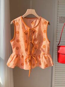 Comfortcana Camisa casual sin mangas con lazo para mujer, de verano - Naranja - Ver 1