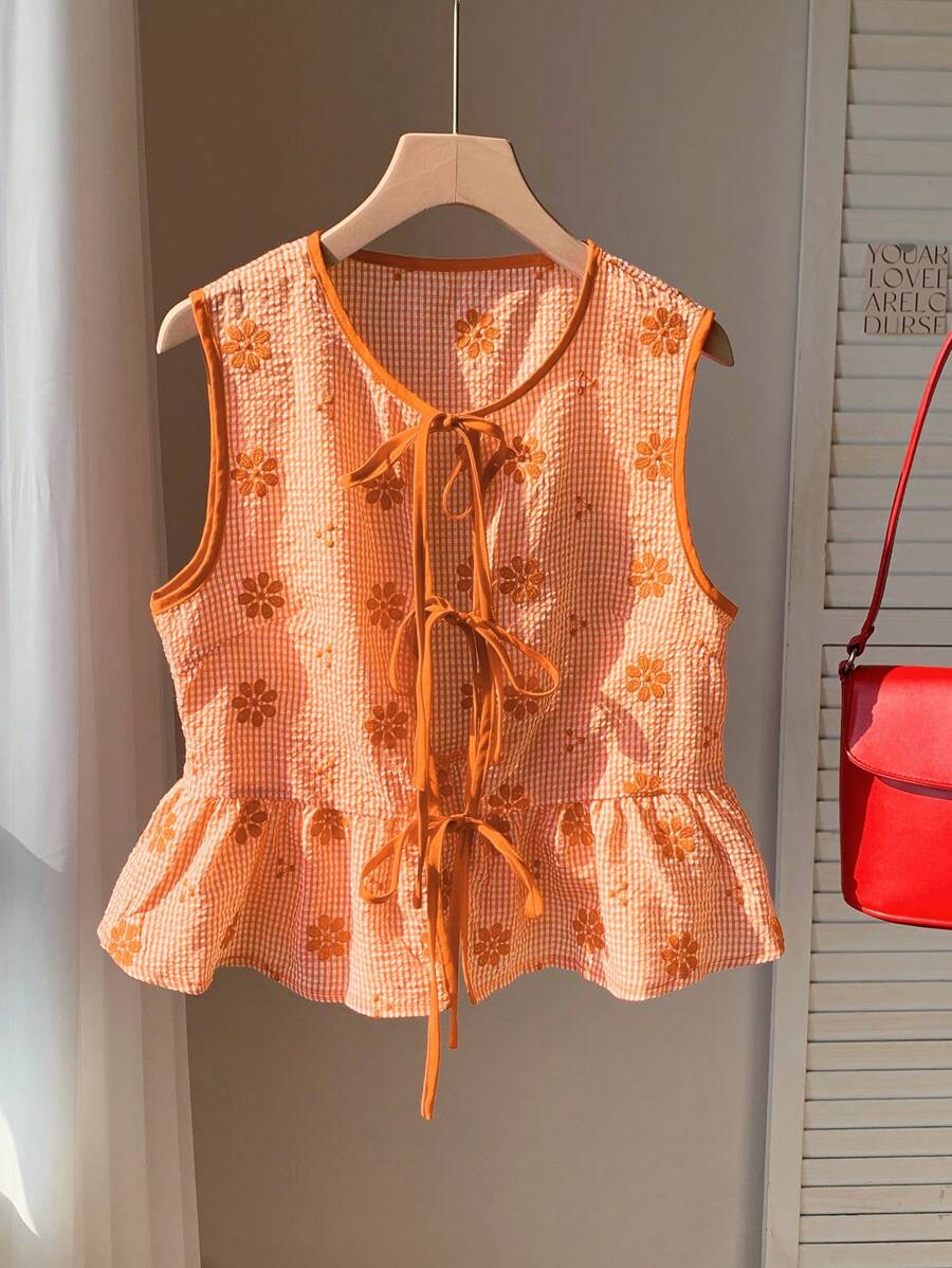 Comfortcana Camisa casual sin mangas con lazo para mujer, de verano - Naranja - Ver 1