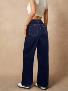 Poéselle 女式宽松直筒休闲牛仔裤，带口袋，百搭 - 深色水洗藍 - 查看 2