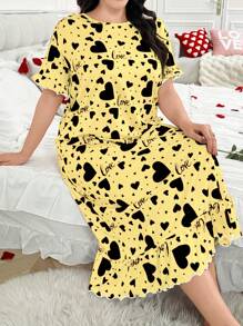 SHEIN 大码女式心形印花荷叶边短袖睡袍，Moo Moo 睡裙