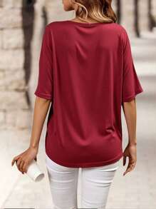 SHEIN LUNE Áo thun nữ công sở thanh lịch cổ chữ V màu trơn cỡ lớn, trang nhã, giản dị, mùa xuân/hè - Đỏ - Xem 2