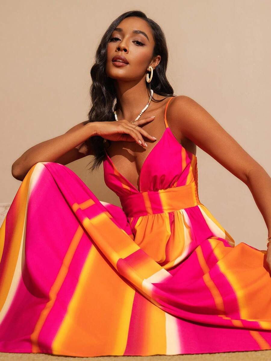 Vesra Women's Gradient Print Sleeveless Dress, Casual For Vacation Standout Summer Outfit - Hot Pink - View 1