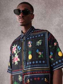 SUMWON Resort Shirt Short Sleeve Summer Floral Pineapple Print Button Down Casual Hawaiian Vacation Beach Party Tropical Retro Aop Mens Fashion Streetwear