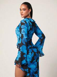 Silquee Blusa elegante de manga larga con cuello en V, con estampado floral y ribete de volantes para mujeres - Multicolor - Ver 2