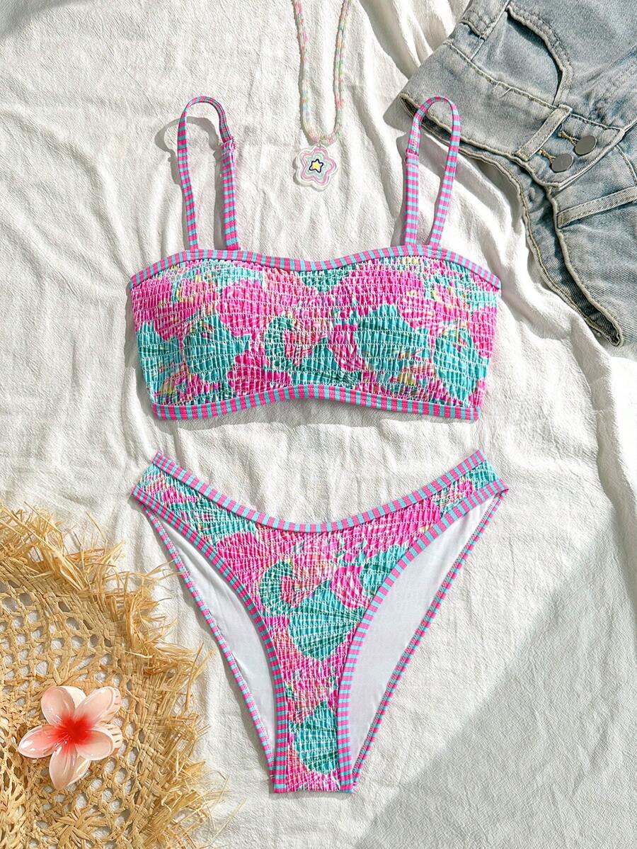 SHEIN 2pcs/Set Women Shell Print Contrast Tie Adjustable Backless Crop Top And Shell Pattern Tie Swim Shorts Bathing Suit Set, Fashionable Beach Vacation Outfit - Multicolor - View 1