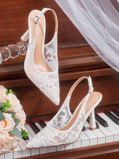 CUCCOO HITCHD Women Pointed Toe Lace Embroidered High Heel Shoes, Elegant Romantic White Ladies Peep-Toe Pumps, Bridal Wedding Occasion Heels