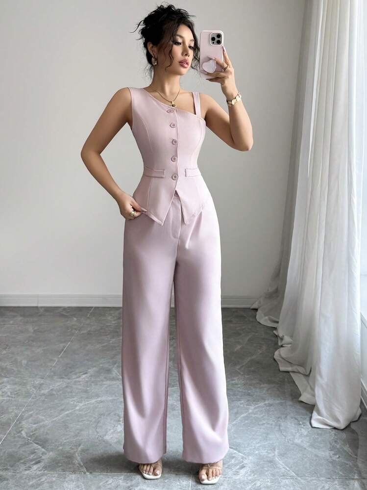 Elenzga Women's Spring/Summer Oblique Shoulder Strap Button Sleeveless Vest & Straight Leg Button Pants Suit - Pink - View 4
