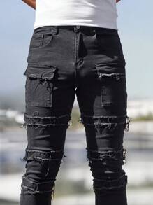 Manfinity Homme Men's Utility Pocket Frayed Slim Fit Bootleg Jeans - Black - View 5