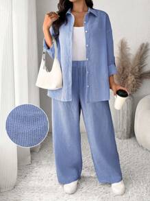 SHEIN Frenchy Conjunto informal de 2 piezas de talla grande para mujer con diseño de rayas azules y blancas suelto