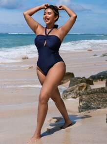 Swim Lushoire Elegant Plus Size Women Solid Color Ruched Halter One-Piece Swimsuit, Vacation For Summer - Navy Blue - View 3
