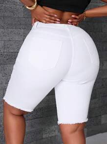 SHEIN SXY Plus Size Women Distressed Pocket Casual Versatile Denim Shorts - White - View 2