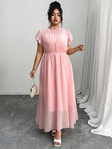 Elenzga Váy dài tay màu hồng nhạt thanh lịch bằng vải chiffon dệt kim cỡ lớn cho nữ mùa xuân/hè - Bụi hồng - Xem 3