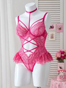 PetitDoll 1pc Plus Size Lace & Mesh Spliced Underwire Sexy Bodysuit - Hot Pink - View 7