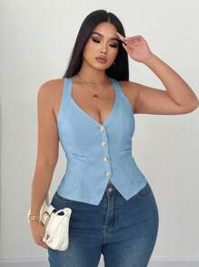 Elenzga Plus Size Women Solid Slimming Waist Tight Fitting Suspender Top - Baby Blue - View 1