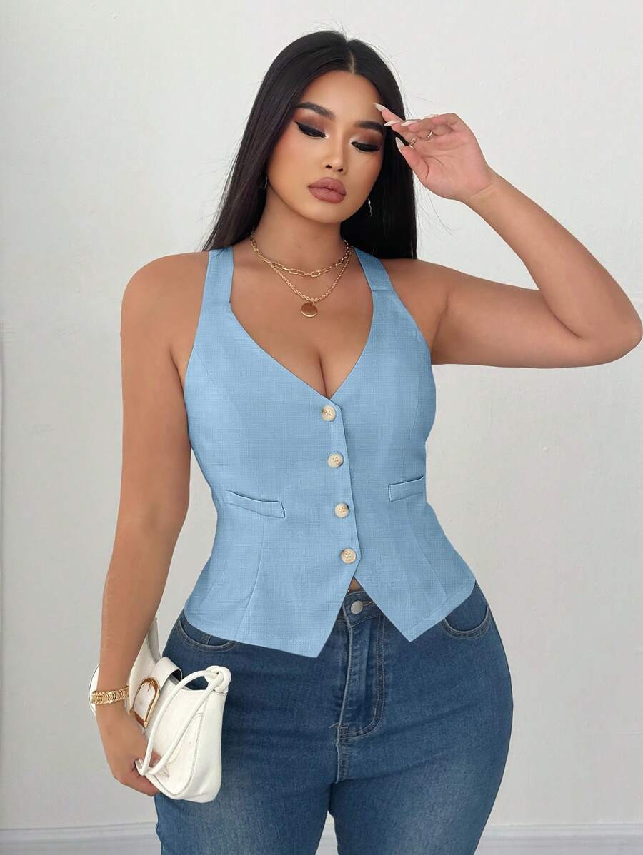 Elenzga Plus Size Women Solid Slimming Waist Tight Fitting Suspender Top - Baby Blue - View 1