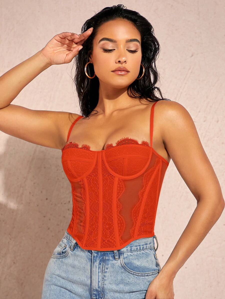 Silquee Top de tirantes unicolor bustier con encaje - Naranja - Ver 1