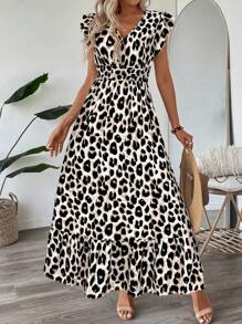 SHEIN LUNE V-Neck Cap Sleeve Waist Gathering Ruffled Hem A-Line Midi Dress, Casual Leopard Print, Elegant For Vacation Or Outdoor Wear Leopard Dress,Sun Dresses For Women,Shirt Dresses For Women - Apricot - View 3