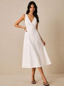 Poéselle 女士连衣裙 亚麻白色连衣裙 长款连衣裙 后腰系带 女士纯色 V 领单排扣无袖休闲长裙 夏季女士连衣裙 夏季连衣裙 太阳裙 波西米亚风夏装 夏季女装 Y2k 乡村音乐会服装 节日服装 商务休闲女装 - 白色 - 查看 4