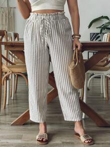 SHEIN VCAY Quần ống đứng cạp chun kẻ sọc cỡ lớn cho nữ, quần dài ngày lễ phong cách Bohemian giản dị cho tiệc hồ bơi, cô gái mùa hè theo phong cách Boho sang trọng, tiệc sáng muộn, sân bay, bãi biển, kỳ nghỉ, nghỉ ngơi trong thành phố, ngày lễ, trang phục miền Tây - trắng - Xem 5