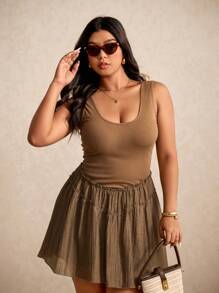 Elaquor Plus Size Women Casual Frill Trim Round Neck Sleeveless Dress - Coffee Brown - View 5