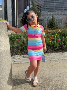 Young Girls Sweet & Cute Rainbow Striped Polo Collar Casual Everyday Comfortable Versatile Dress - Multicolor - View 4