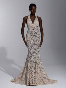 Elitara 优雅杏色纯色蕾丝吊带性感透明美人鱼露背长礼服，适合约会、海滩度假、毕业典礼、婚礼、正式场合、派对礼服、晚会、婚礼宾客 - 杏色 - 查看 4