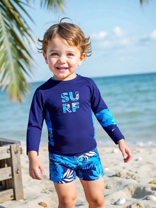 2 piezas Conjunto de infante/niño pequeño con estampado tropical para vacaciones - Camisa de manga corta + Pantalones cortos, apto para vacaciones y jugar en la piscina