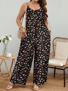 EMERY ROSE Plus Size Ditsy Floral Allover Print Loose Jumpsuit With Spaghetti Straps, Suitable For Spring/Summer Vacation,Flower - Multicolor - View 1